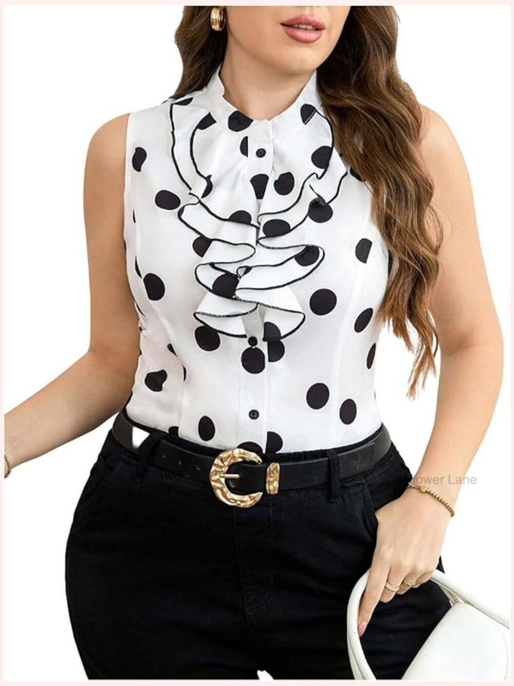 Plus Size Polka Dots Blouse Ruffle Trim Sleeveless Button Down Shirt